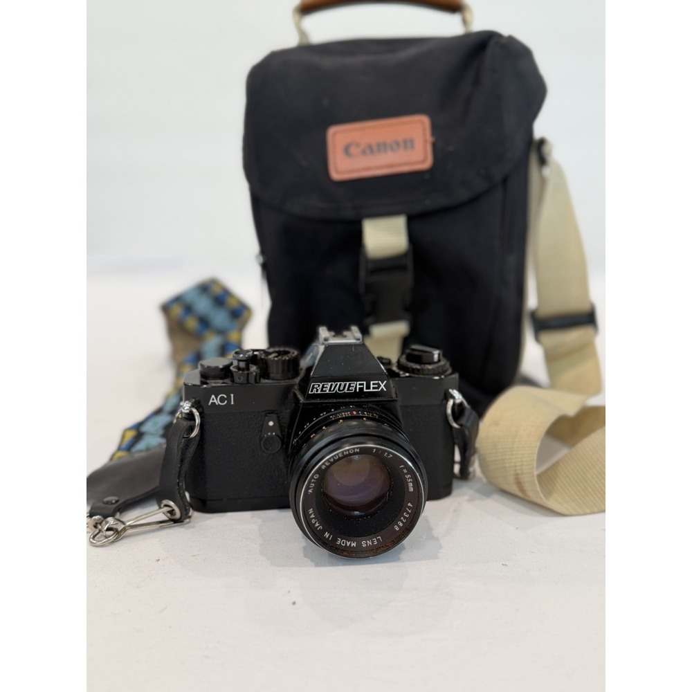 Revueflex AC1 35mm SLR Film Camera Auto Revuenon 55mm f/1.7 Lens Bag Untested